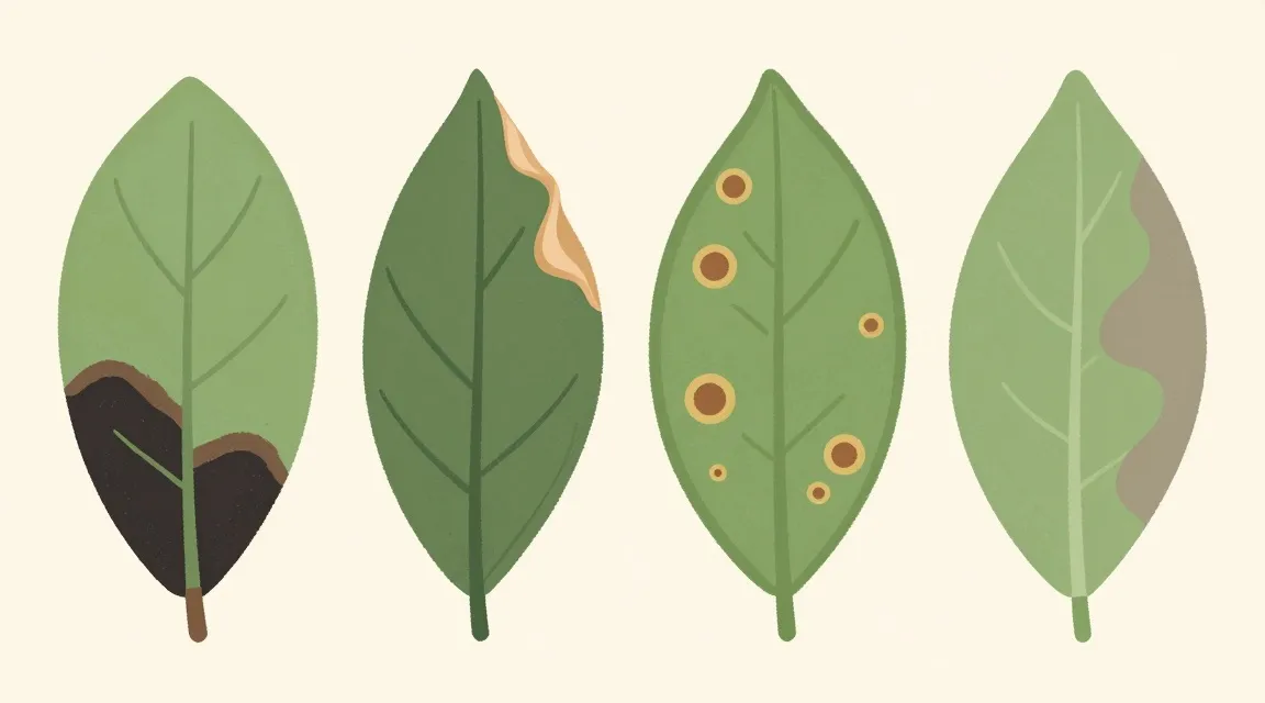 Four leaves drawn side by side in flat illustration style, each with brown damage on a different part of the leaf.
